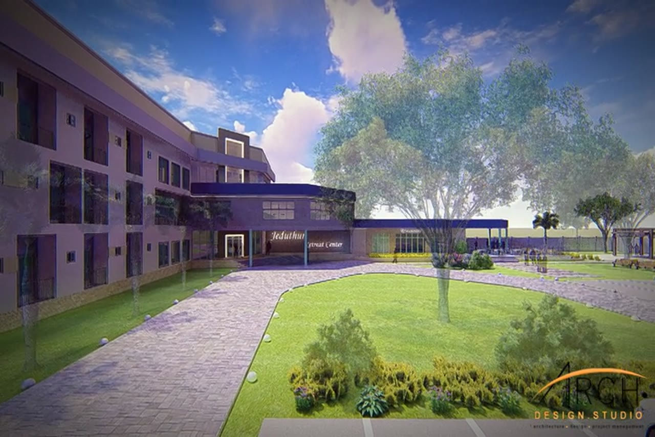 Concept view of the landscaped courtyard and retreat buildings